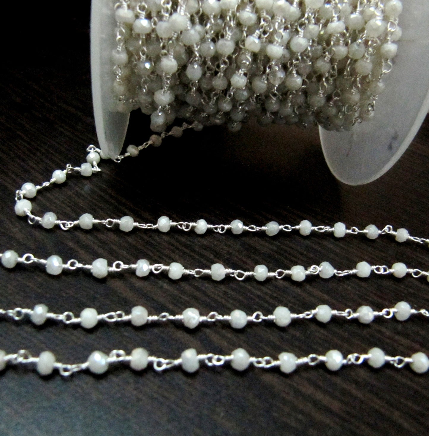 Mystic White Chalcedony Rondelle Faceted Beaded Chain 3mm Size White Hydro Quartz Bead Rosary Chain  Choose the plating Sold per foot