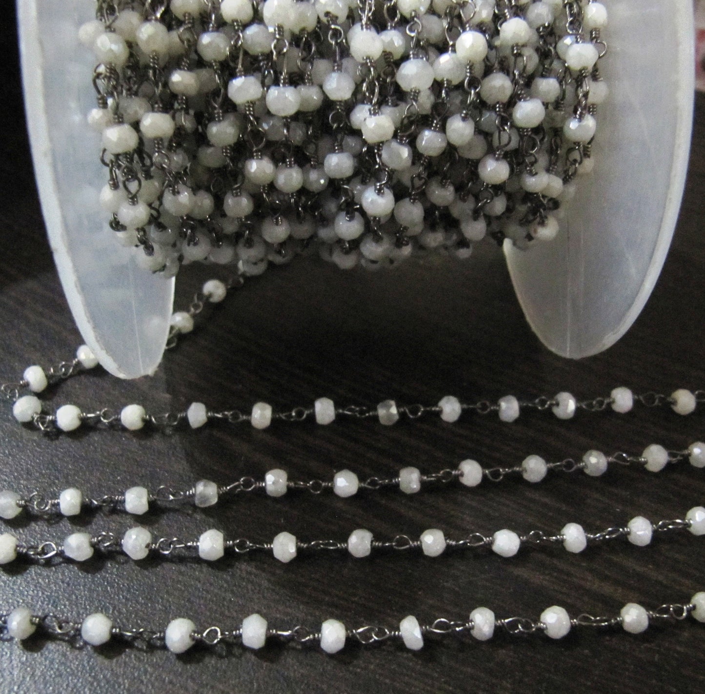 Mystic White Chalcedony Rondelle Faceted Beaded Chain 3mm Size White Hydro Quartz Bead Rosary Chain  Choose the plating Sold per foot