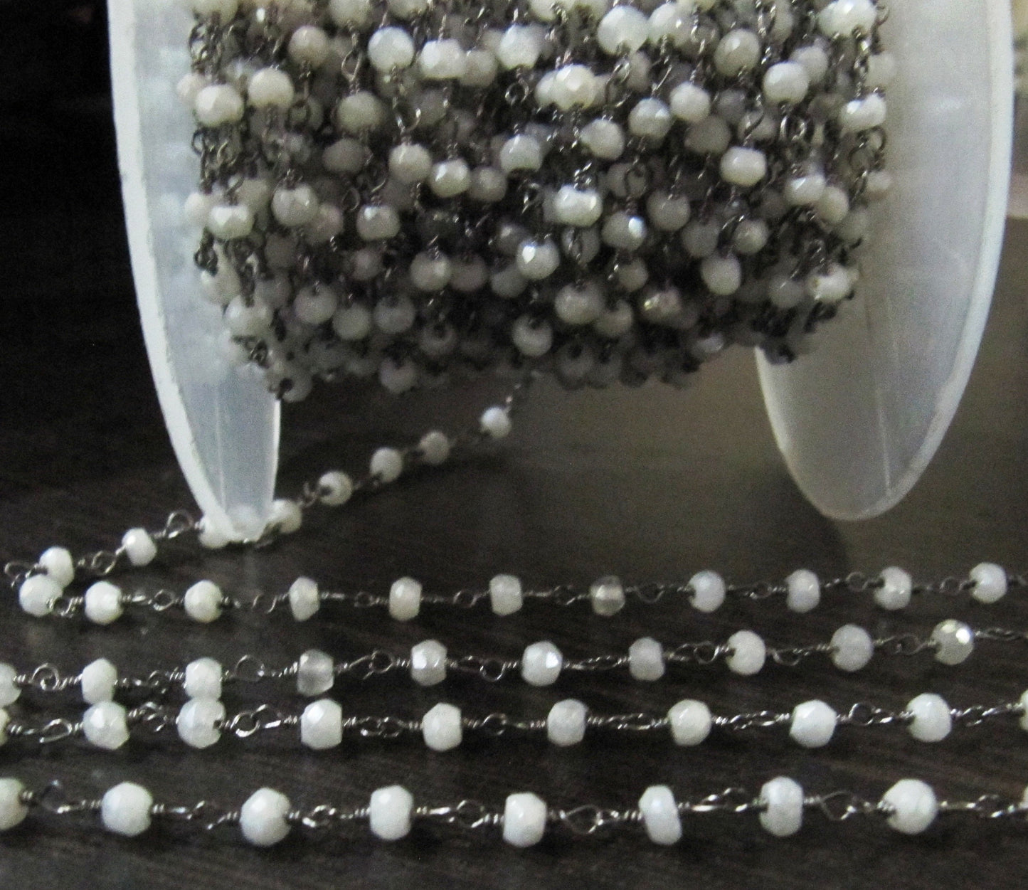 Mystic White Chalcedony Rondelle Faceted Beaded Chain 3mm Size White Hydro Quartz Bead Rosary Chain  Choose the plating Sold per foot