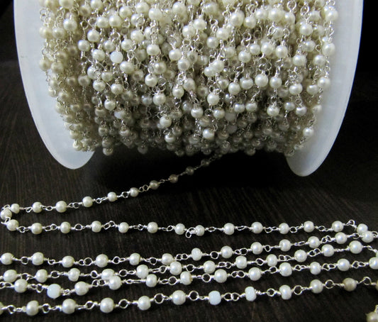 3 Feet- Pearl Beaded 3mm Size Round Shape Faux Pearl Bead Rosary Chain Wholesale Prices Jewelry making gemstone chain