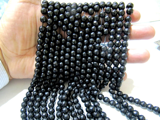 Black Onyx Round Faceted Round Ball Shape 7-8mm Size Beads Strand 14-15 inches long Black Onyx Gemstone Beads Wholesale Prices