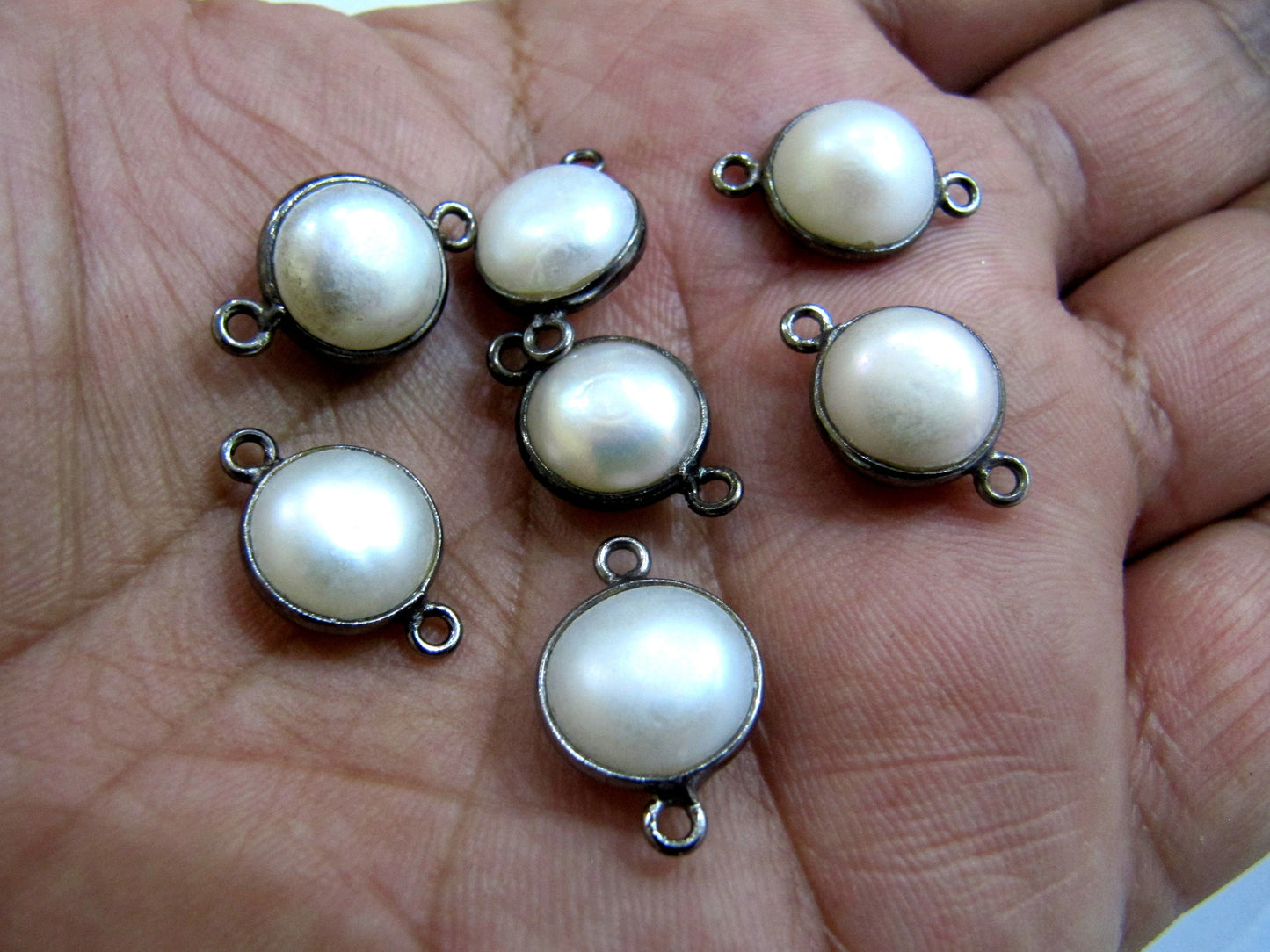 Natural Pearl Round Coin Shape Cabochon Double Loop Bezel Connector Top Quality Pearl bezel for Jewelry making Choose Size and Plating