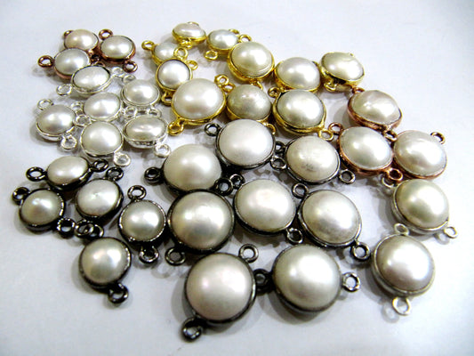 Natural Pearl Round Coin Shape Cabochon Double Loop Bezel Connector Top Quality Pearl bezel for Jewelry making Choose Size and Plating