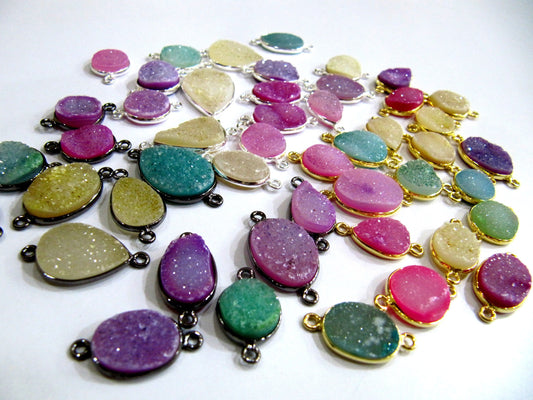 5 pcs Set Natural Druzy Mix Color And Shape Double Loop Bezel Connector Drusy Bezel for Jewelry making Choose the Plating option