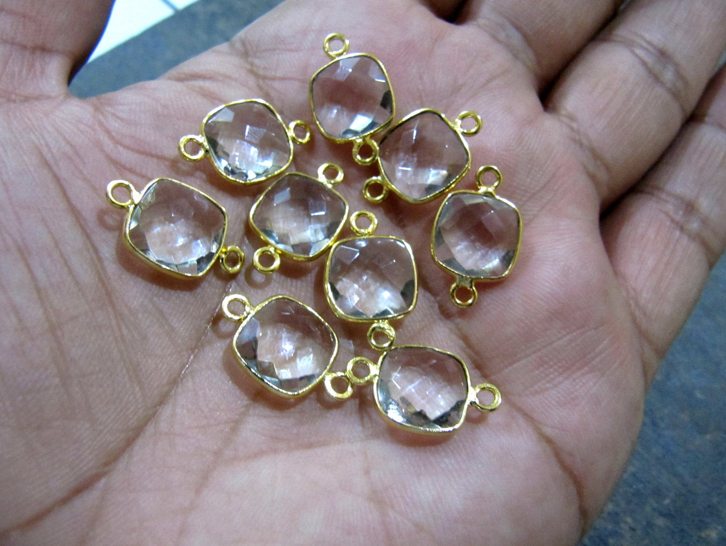 Natural Rock Crystal Quartz Cushion Square Shape 10mm Briolette Double Loop Bezel Connector Charms Choose the plating Sold per Piece