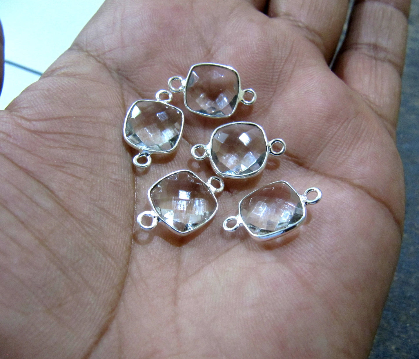 Natural Rock Crystal Quartz Cushion Square Shape 10mm Briolette Double Loop Bezel Connector Charms Choose the plating Sold per Piece