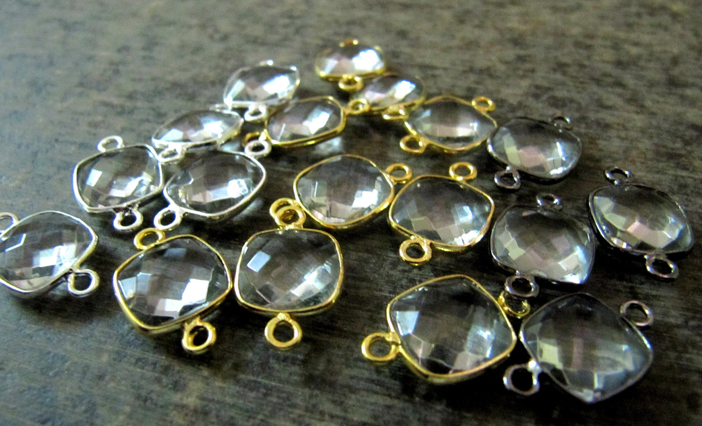 Natural Rock Crystal Quartz Cushion Square Shape 10mm Briolette Double Loop Bezel Connector Charms Choose the plating Sold per Piece