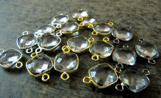 Natural Rock Crystal Quartz Cushion Square Shape 10mm Briolette Double Loop Bezel Connector Charms Choose the plating Sold per Piece