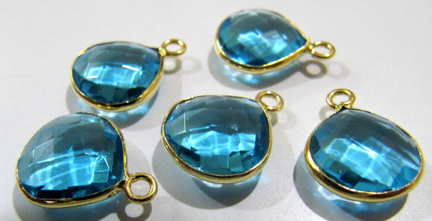 Blue Topaz Quartz Briolette Heart Shape 12mm Single Loop Bezel Connectors Charms For Jewelry Making Choose The Plating color sold per piece