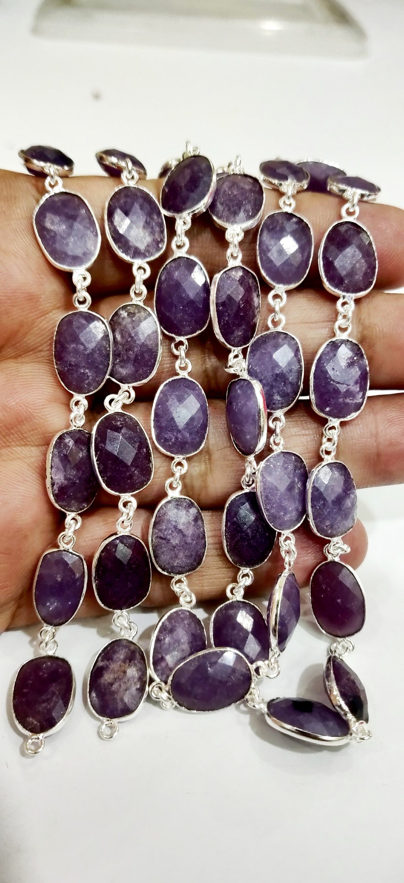 Natural Lepidolite Uneven Free Shape Briolette Faceted Bezel Connector Chain 10 to 15mm Sold Per Foot High Quality Wholesale price
