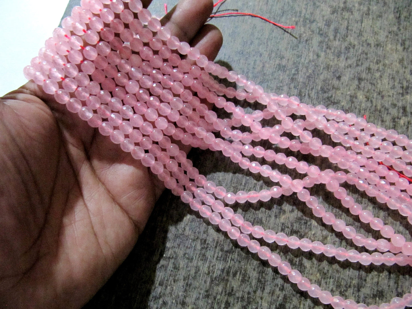 Natural Rose Quartz Round Shape  Briolette Faceted 5-6mm Beads Pink Colour Beads For Jewelry Making Sold Per Strand 14-15 Inches Long