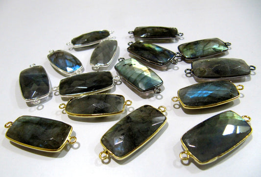 2 Pcs Set Natural Labradorite Rectangle Shape 13x25mm Briolette Connectors Blue Flashy Gemstone Double Loop Bezel Charms