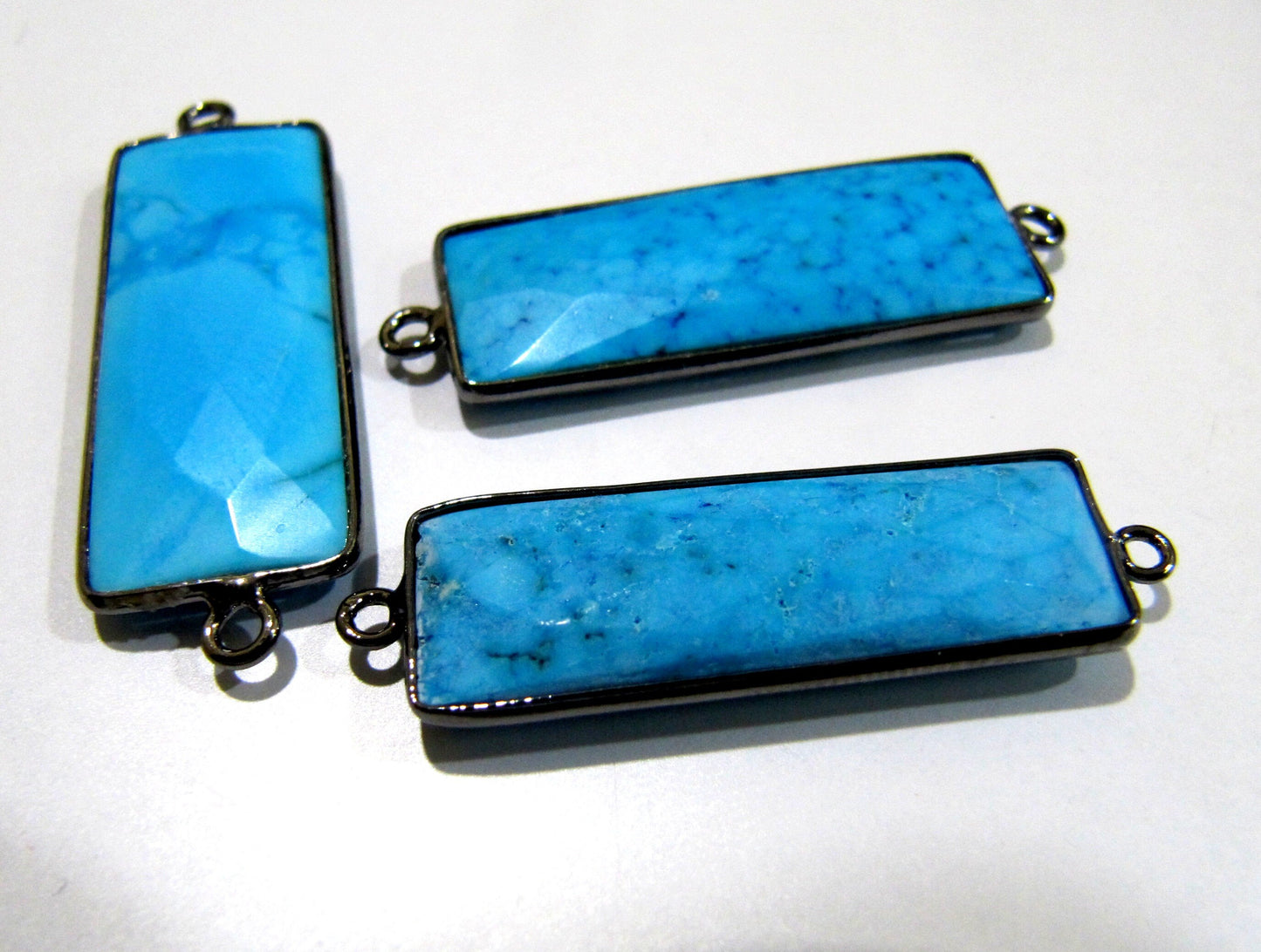 Set of 2 Pcs-: Natural Turquoise Magnesite Baguette Shape Connector Double Loop 30x12mm Rectangle Bezel Charms Pendants