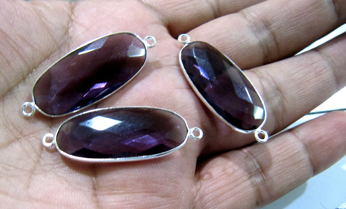 2 Pcs Set Amethyst Oval Shape 14x30mm Briolette Connectors Hydro Quartz Amethyst Double Loop Bezel Charms Top Quality Wholesale prices