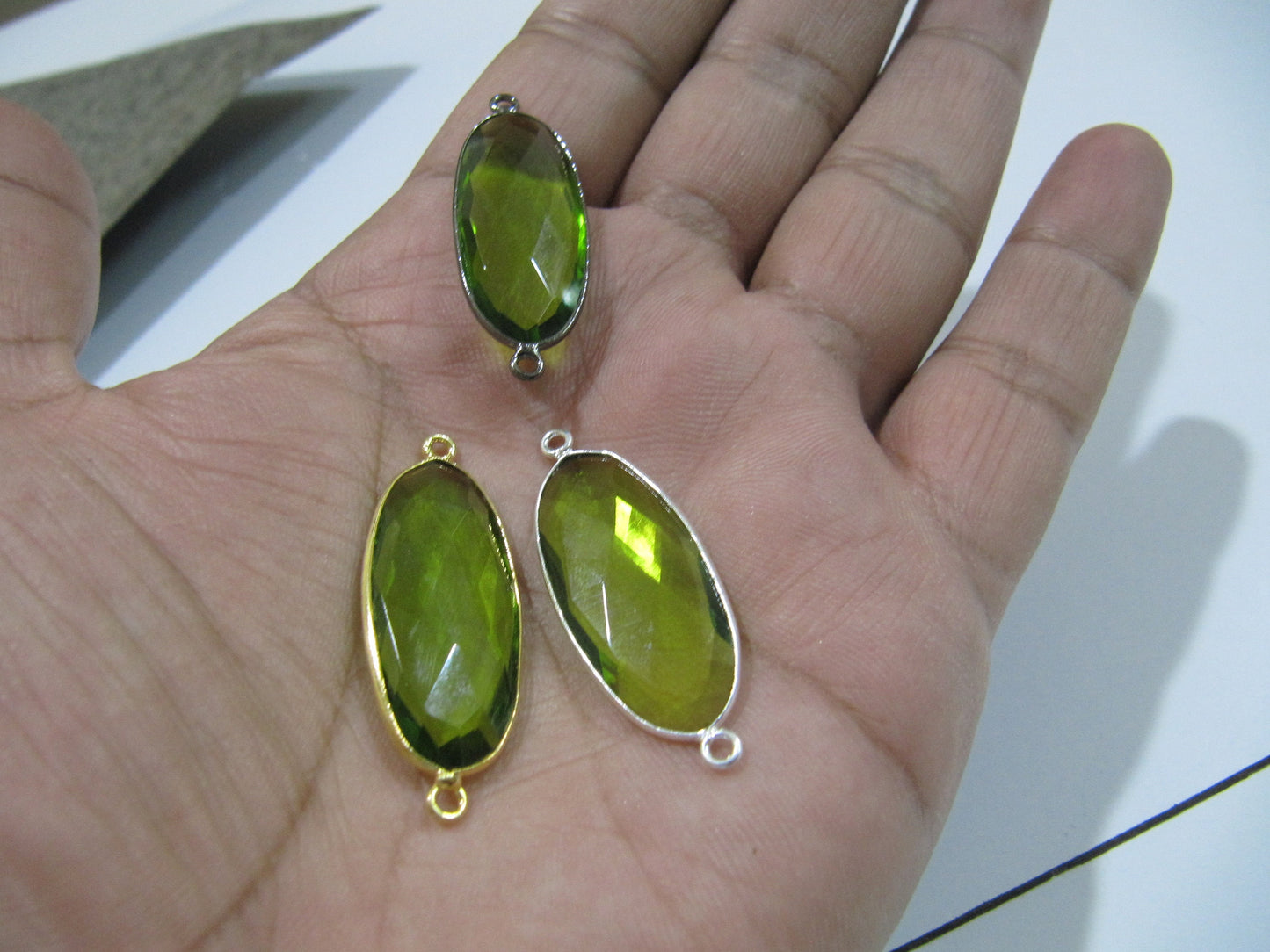 5 Pcs Set Peridot Chalcedony Hydro Quartz Briolette Connector Oval Shape Faceted Connector Approx 15X30MM Size Double Loop Bezel