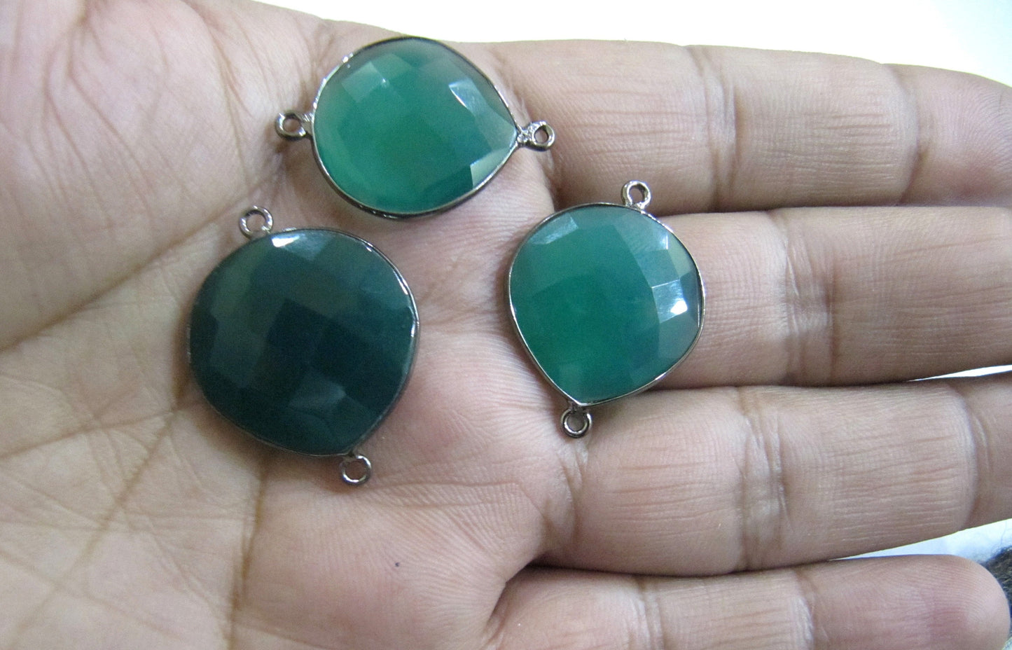 Natural Green Onyx Heart Shape 20mm Briolette Bezel Connectors  Double Loop Bezel Jewelry Making charms sold per piece
