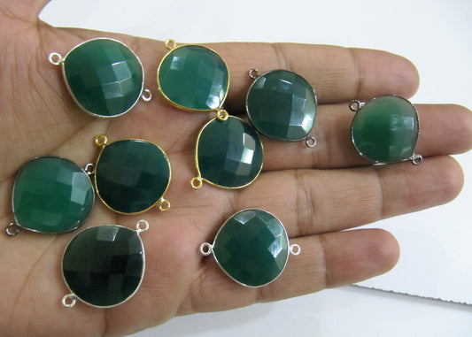 Natural Green Onyx Heart Shape 20mm Briolette Bezel Connectors  Double Loop Bezel Jewelry Making charms sold per piece