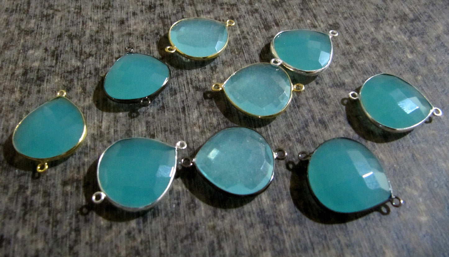 2 Pcs Set Aqua Blue Chalcedony Heart Shape 20mm Briolette Connectors  Chalcedony Double Loop Bezel Jewelry Making Bezel Connectors
