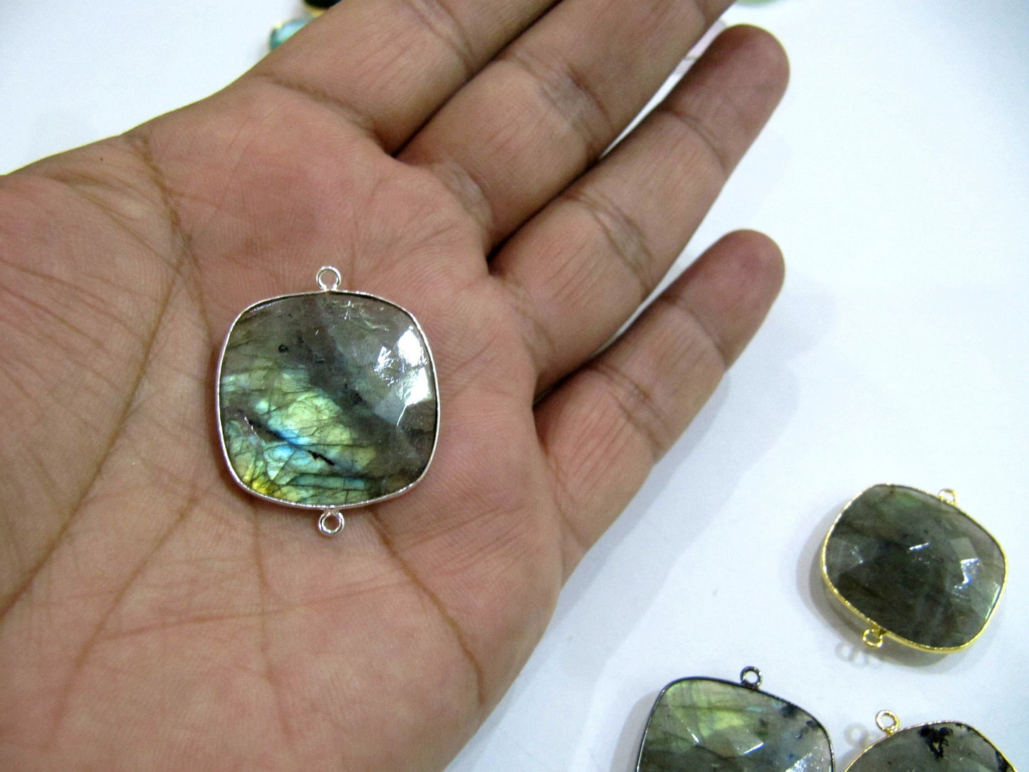 Natural Labradorite Square Cushion Shape 24mm Briolette Faceted Double Loop Bezel Connectors Grey Stone Link Bezel Sold Per Piece