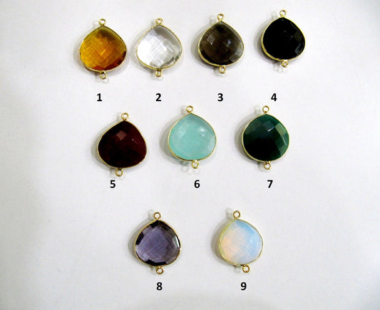 Mix Color Gemstone Quartz Briolette Faceted Size 20mm Heart Shape Double Loop Bezel Connector Choose the stone color and Plating