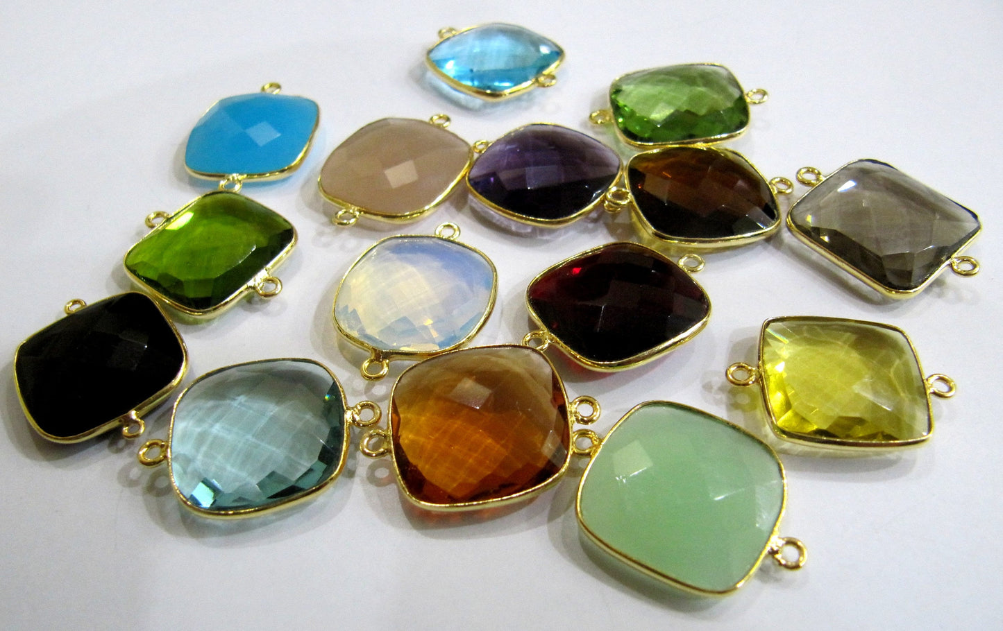 Mix Color Quartz Gemstones Briolette 19mm Cushion Shape Double Loop Bezels Connectors Charms Pendants Choose the stone color and Plating