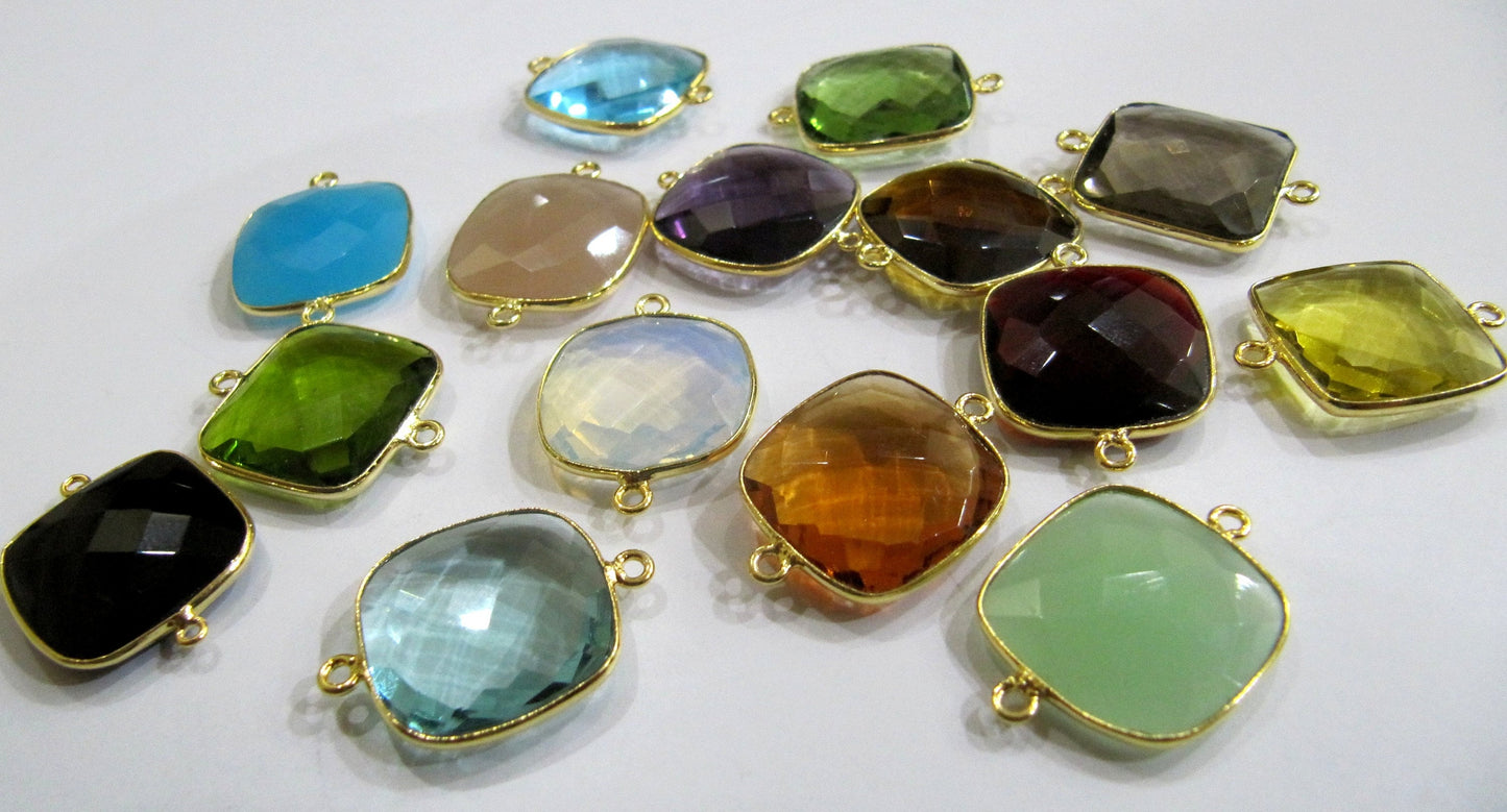 Mix Color Quartz Gemstones Briolette 19mm Cushion Shape Double Loop Bezels Connectors Charms Pendants Choose the stone color and Plating
