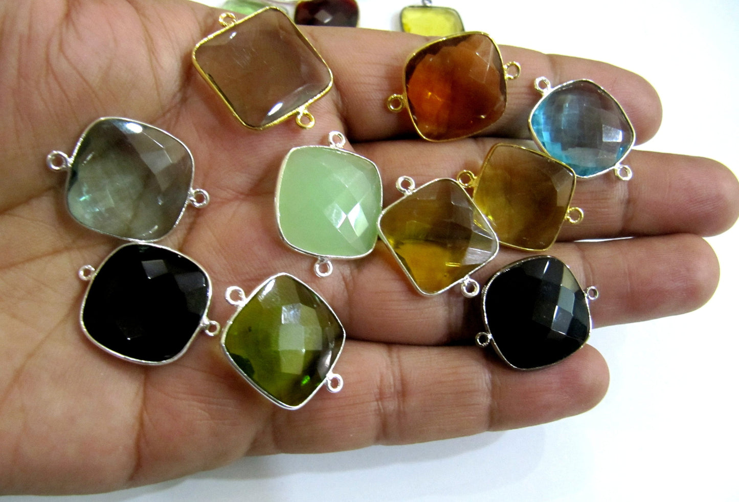 Mix Color Quartz Gemstones Briolette 19mm Cushion Shape Double Loop Bezels Connectors Charms Pendants Choose the stone color and Plating