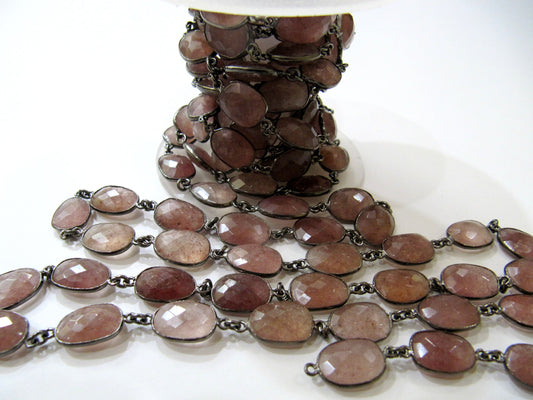 Natural Strawberry Quartz Uneven  Free Shape Size 11 to 15mm Briolette Faceted Bezel Connector Chain Sold Per Foot Choose the Plating color