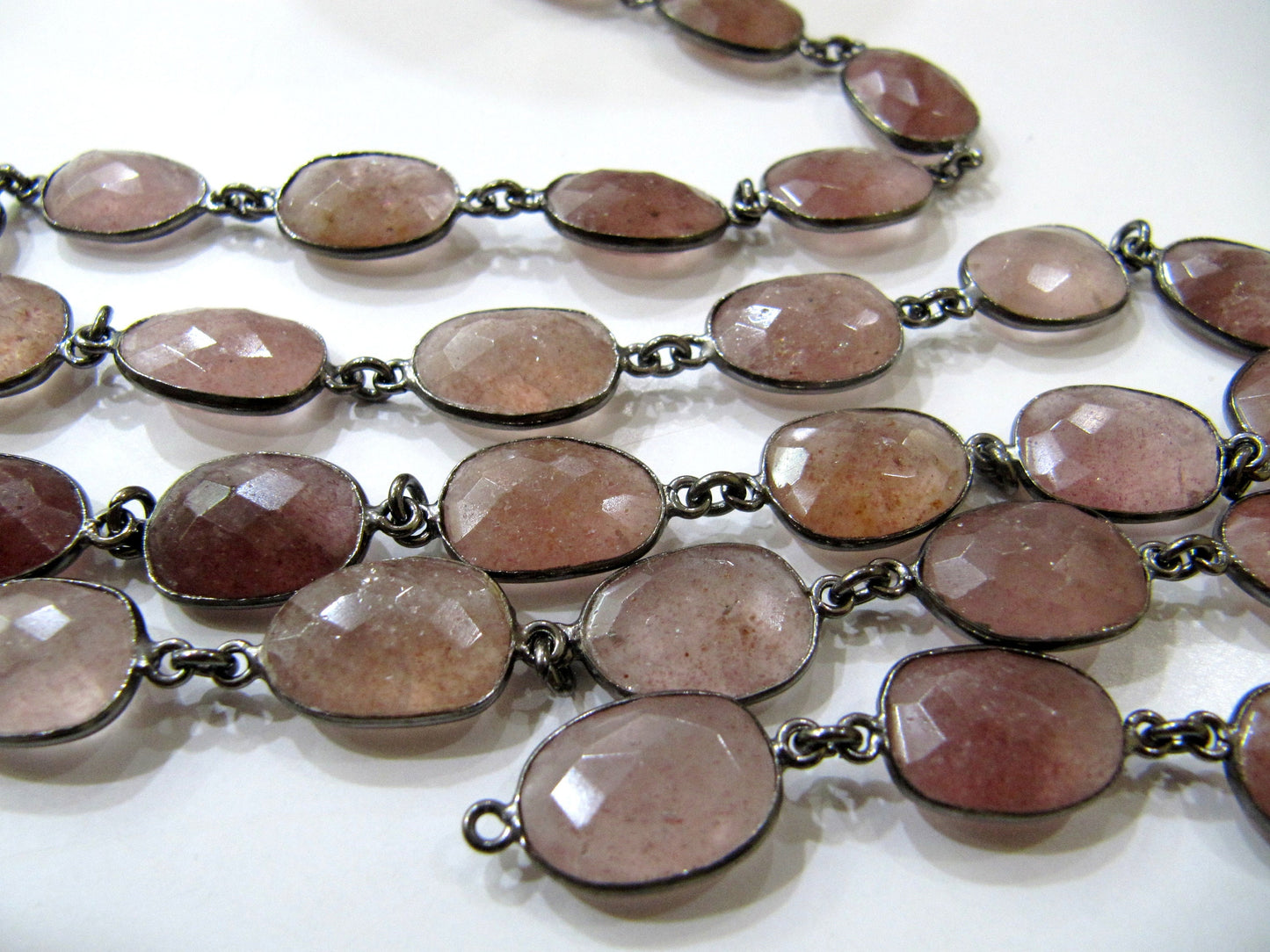 Natural Strawberry Quartz Uneven  Free Shape Size 11 to 15mm Briolette Faceted Bezel Connector Chain Sold Per Foot Choose the Plating color