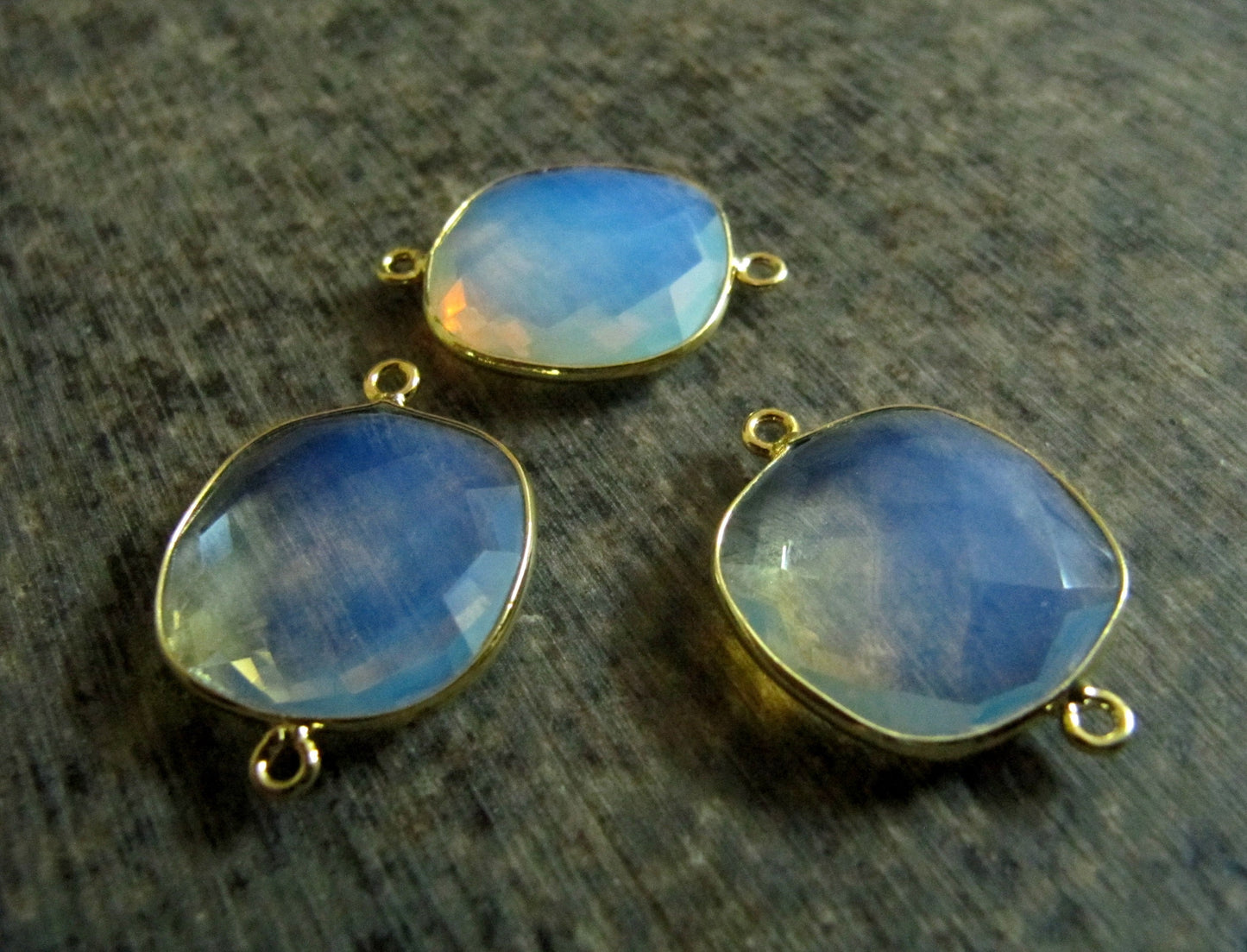 White Opalite Quartz Briolette Faceted Size 19mm Cushion Square Shape Double Loop Bezel Connector Choose the Plating color Sold Per Piece