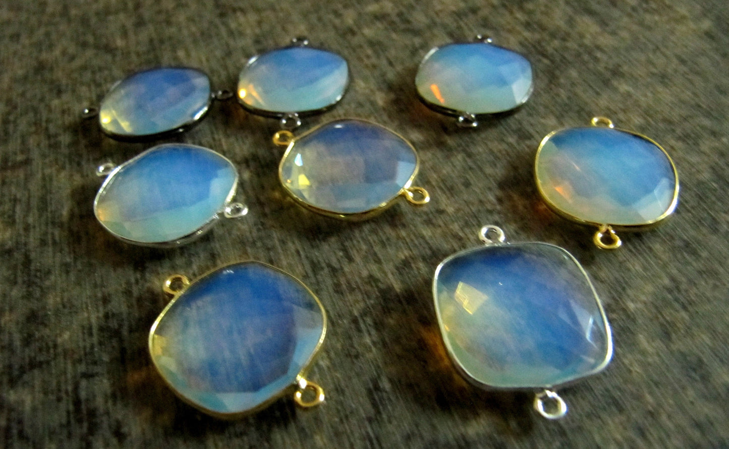 White Opalite Quartz Briolette Faceted Size 19mm Cushion Square Shape Double Loop Bezel Connector Choose the Plating color Sold Per Piece