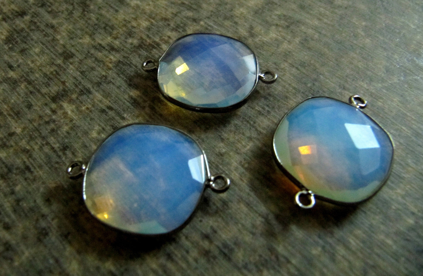 White Opalite Quartz Briolette Faceted Size 19mm Cushion Square Shape Double Loop Bezel Connector Choose the Plating color Sold Per Piece
