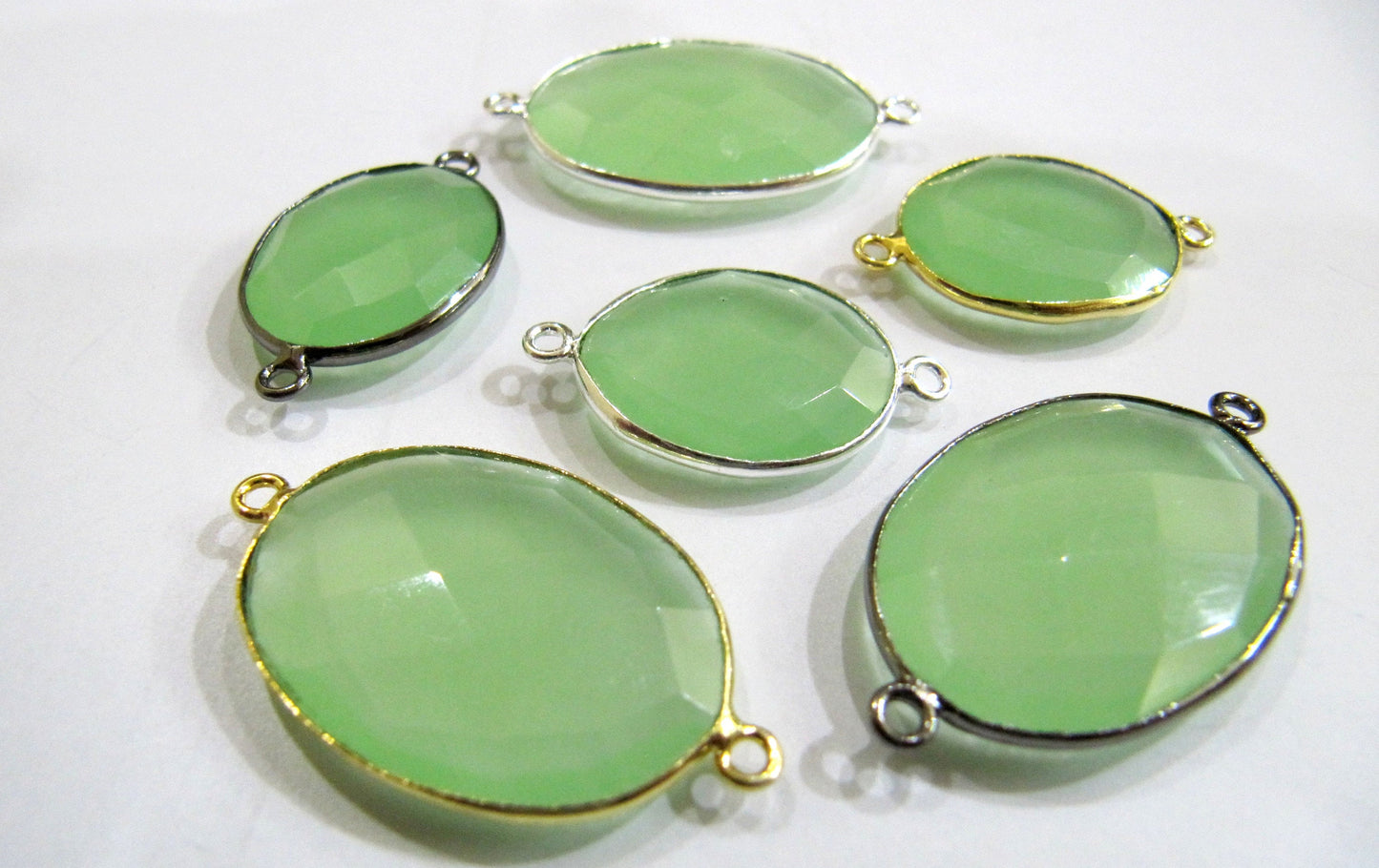 Green Chalcedony Briolette Faceted Oval Shape Double Loop Bezel Connector Jewelry making link bezel choose the size and Plating color