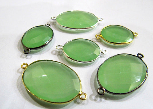 Green Chalcedony Briolette Faceted Oval Shape Double Loop Bezel Connector Jewelry making link bezel choose the size and Plating color