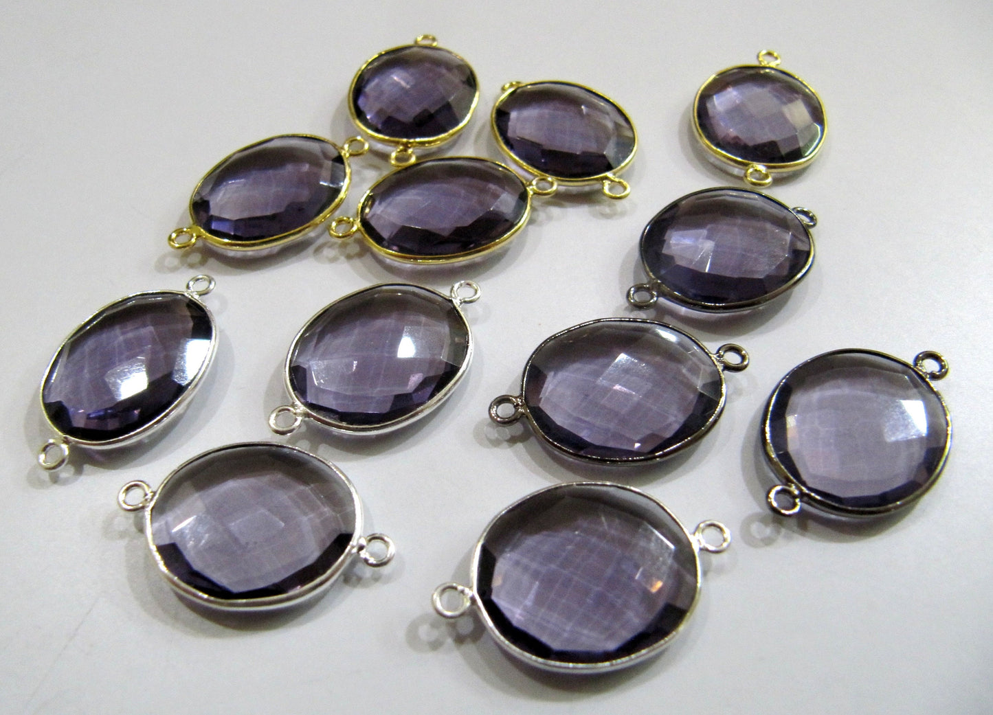 Amethyst Quartz Oval Shape 16x18mm Briolette faceted Double Loop Bezel Connectors Wholesale prices Choose the Plating Color Sold per Piece