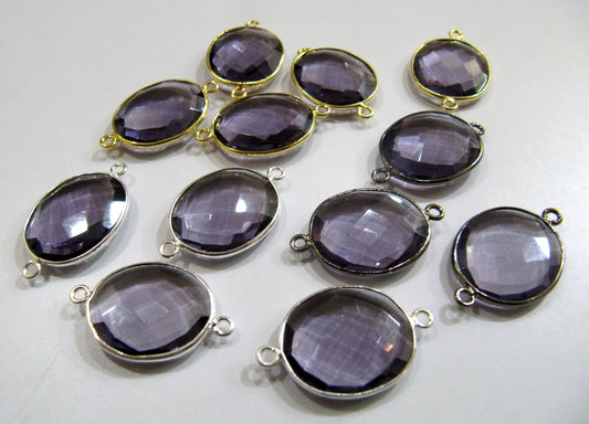 Amethyst Quartz Oval Shape 16x18mm Briolette faceted Double Loop Bezel Connectors Wholesale prices Choose the Plating Color Sold per Piece