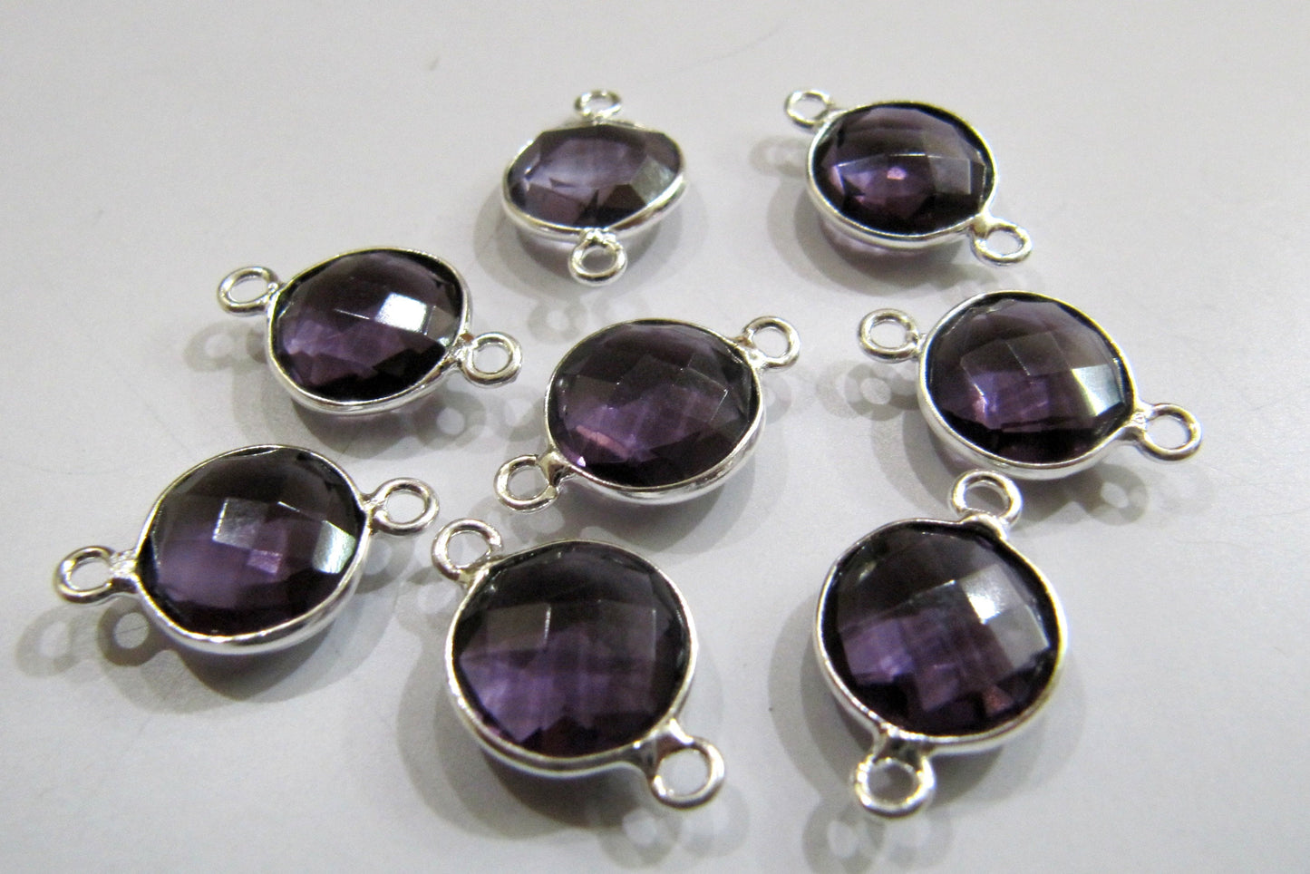 Amethyst Quartz  Round Coin Shape 10 to 11mm Briolette Faceted Double Loop Bezel Connectors Wholesale price Choose the Plating Color