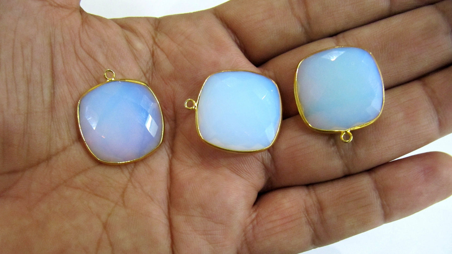 White Opal Quartz Briolette Faceted Size 23mm Cushion Square Shape Single Loop Bezel Connector Choose the Plating color Sold Per Piece