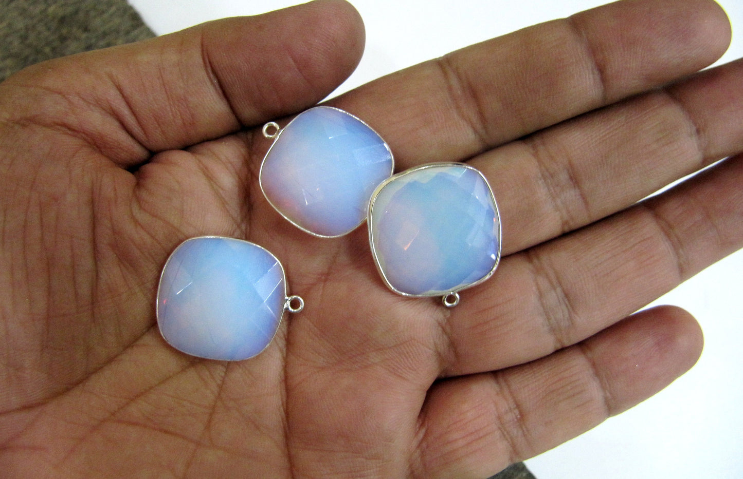 White Opal Quartz Briolette Faceted Size 23mm Cushion Square Shape Single Loop Bezel Connector Choose the Plating color Sold Per Piece