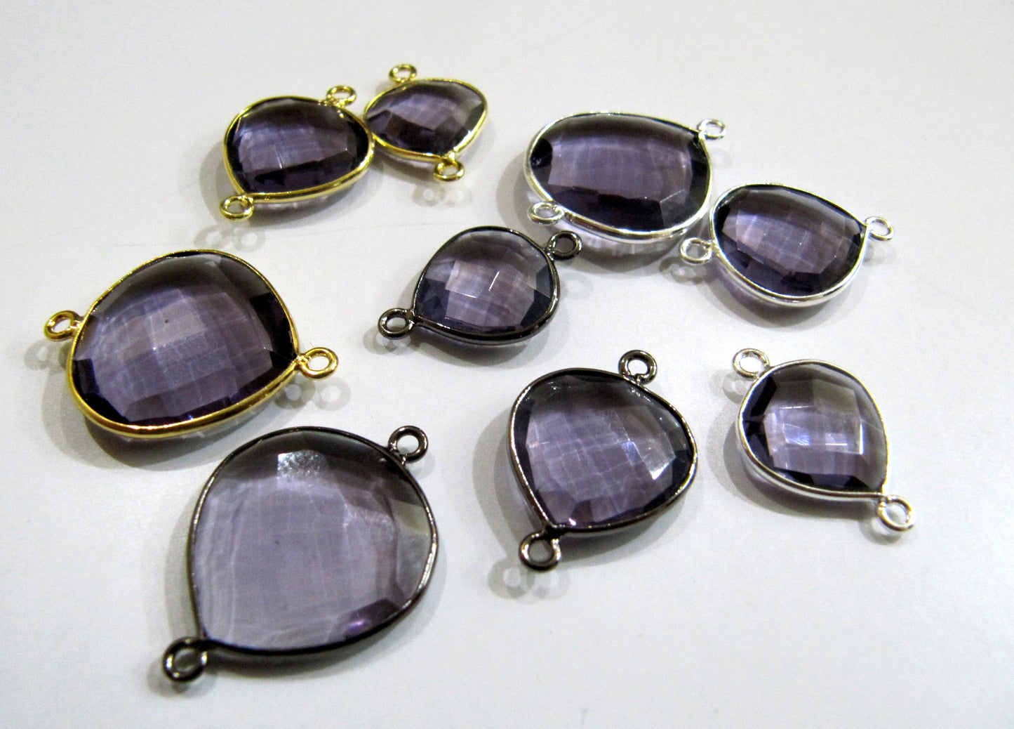 Amethyst Quartz Heart Shape  Briolette Double Loop Bezel Connectors Charms Choose The Size and Plating color  Wholesale price sold per piece