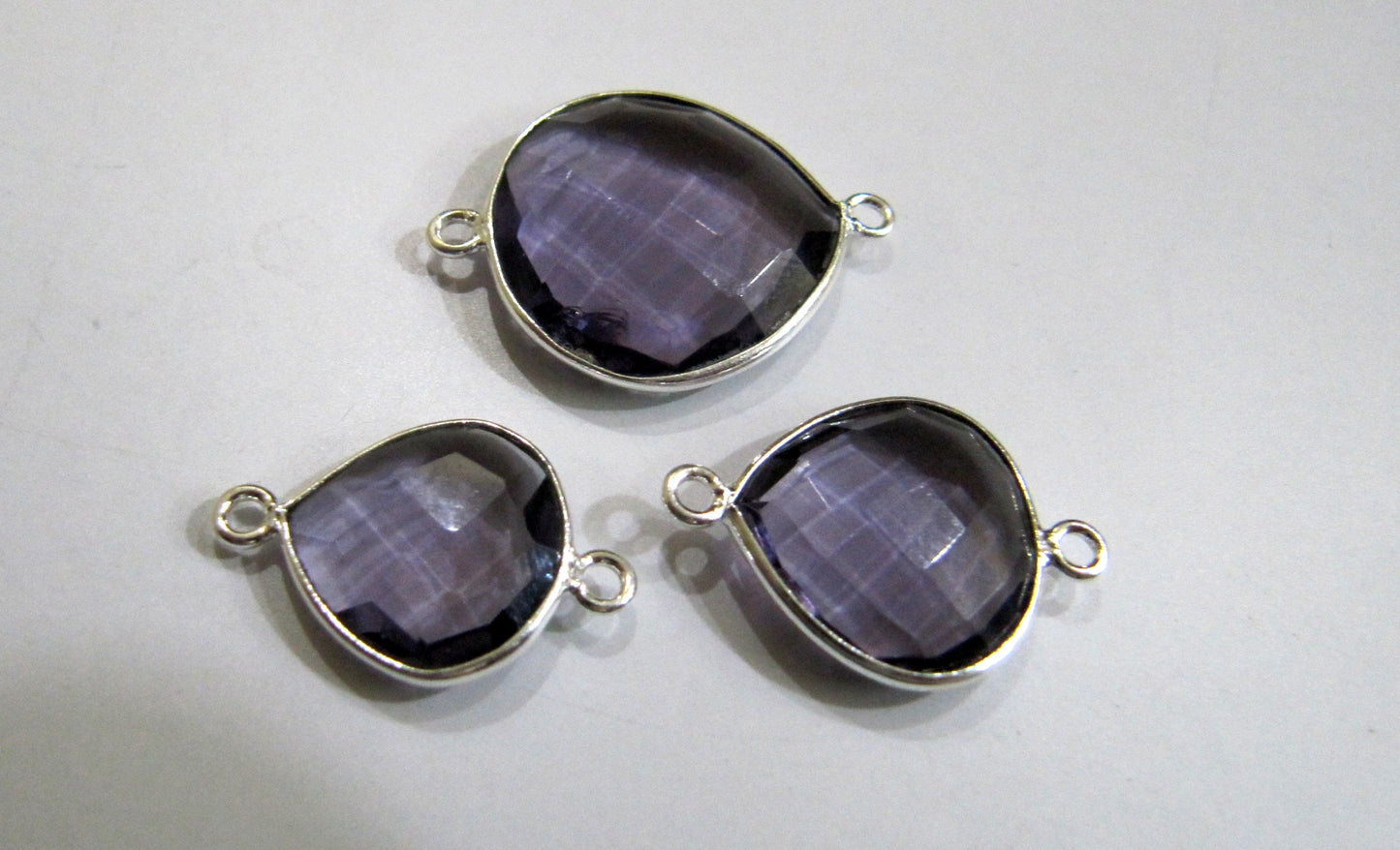 Amethyst Quartz Heart Shape  Briolette Double Loop Bezel Connectors Charms Choose The Size and Plating color  Wholesale price sold per piece