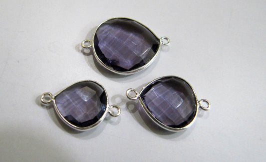Amethyst Quartz Heart Shape  Briolette Double Loop Bezel Connectors Charms Choose The Size and Plating color  Wholesale price sold per piece