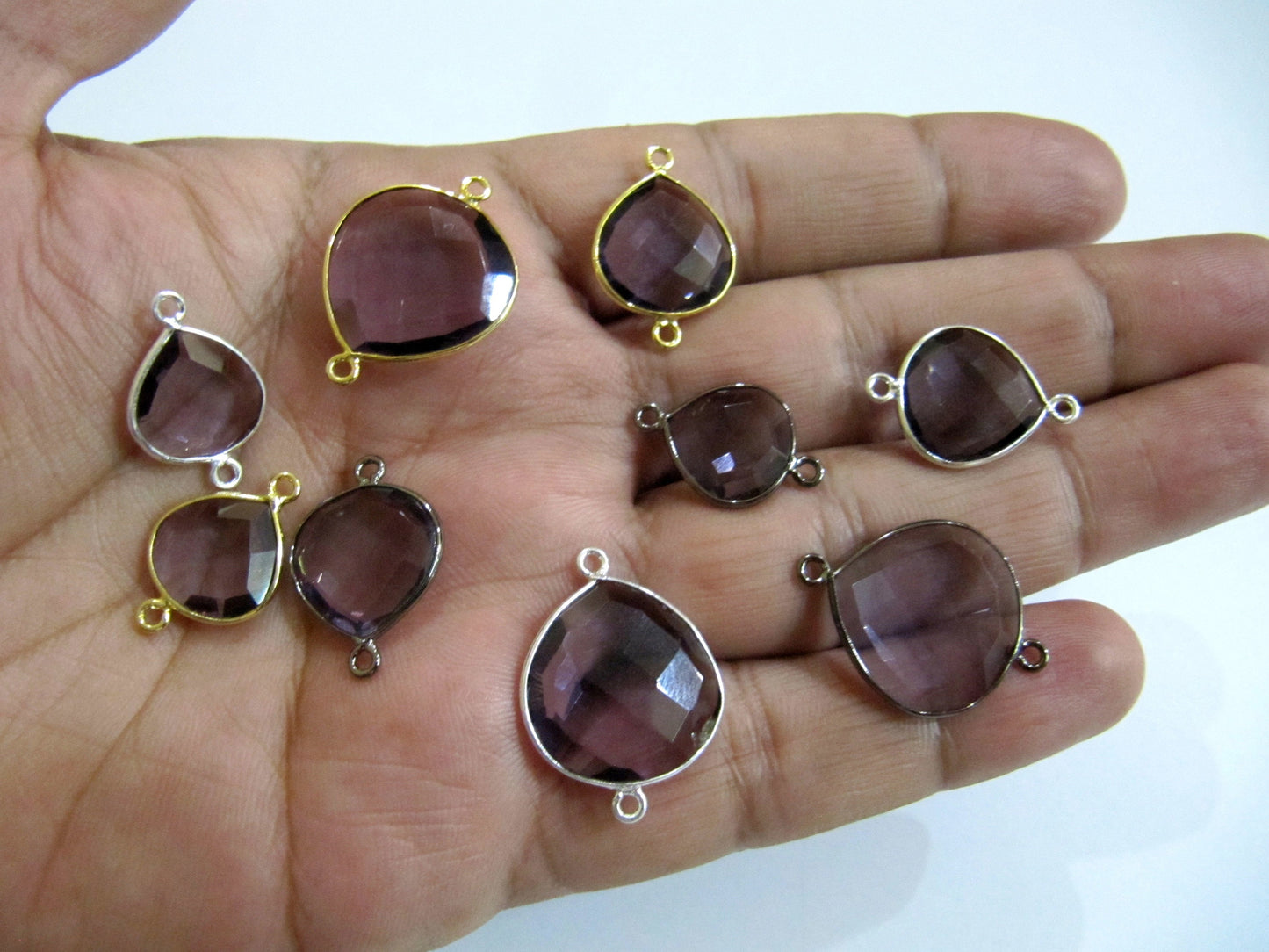 Amethyst Quartz Heart Shape  Briolette Double Loop Bezel Connectors Charms Choose The Size and Plating color  Wholesale price sold per piece