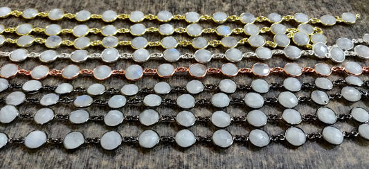Natural White Rainbow Moonstone Round Coin Shape Briolette Faceted Bezel Connector Chain 9mm Choose the Plating Color Sold per Foot