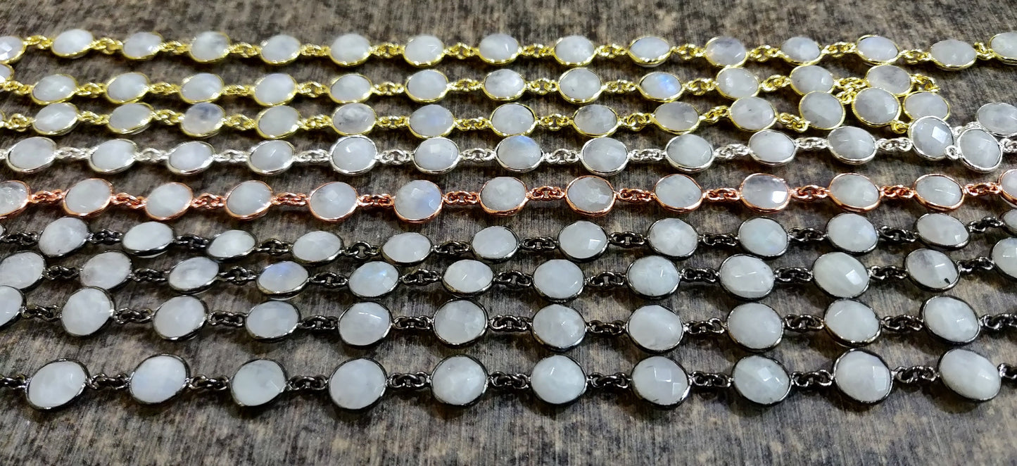 Natural White Rainbow Moonstone Round Coin Shape Briolette Faceted Bezel Connector Chain 9mm Choose the Plating Color Sold per Foot