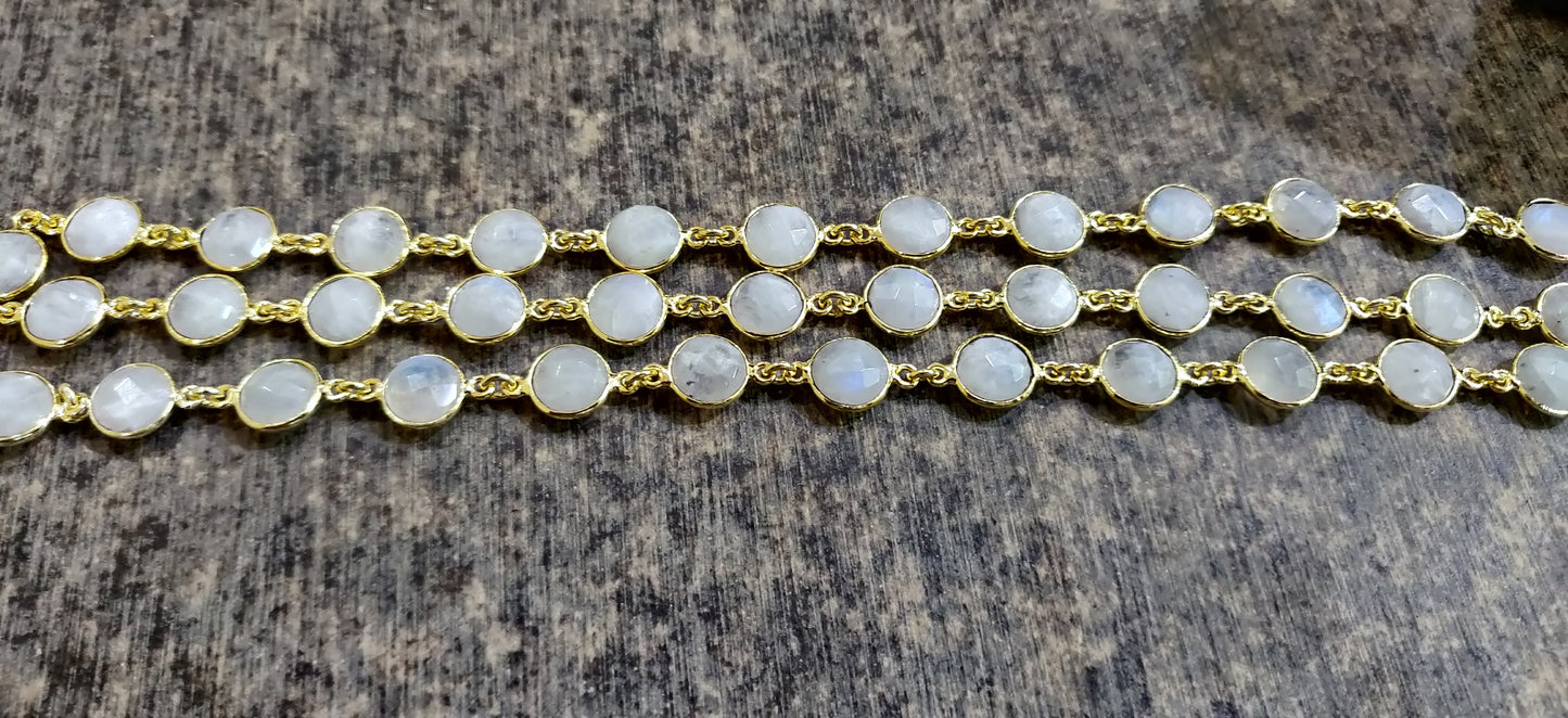 Natural White Rainbow Moonstone Round Coin Shape Briolette Faceted Bezel Connector Chain 9mm Choose the Plating Color Sold per Foot