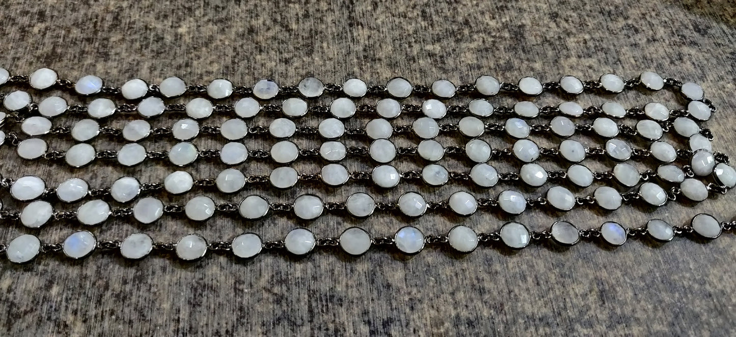 Natural White Rainbow Moonstone Round Coin Shape Briolette Faceted Bezel Connector Chain 9mm Choose the Plating Color Sold per Foot