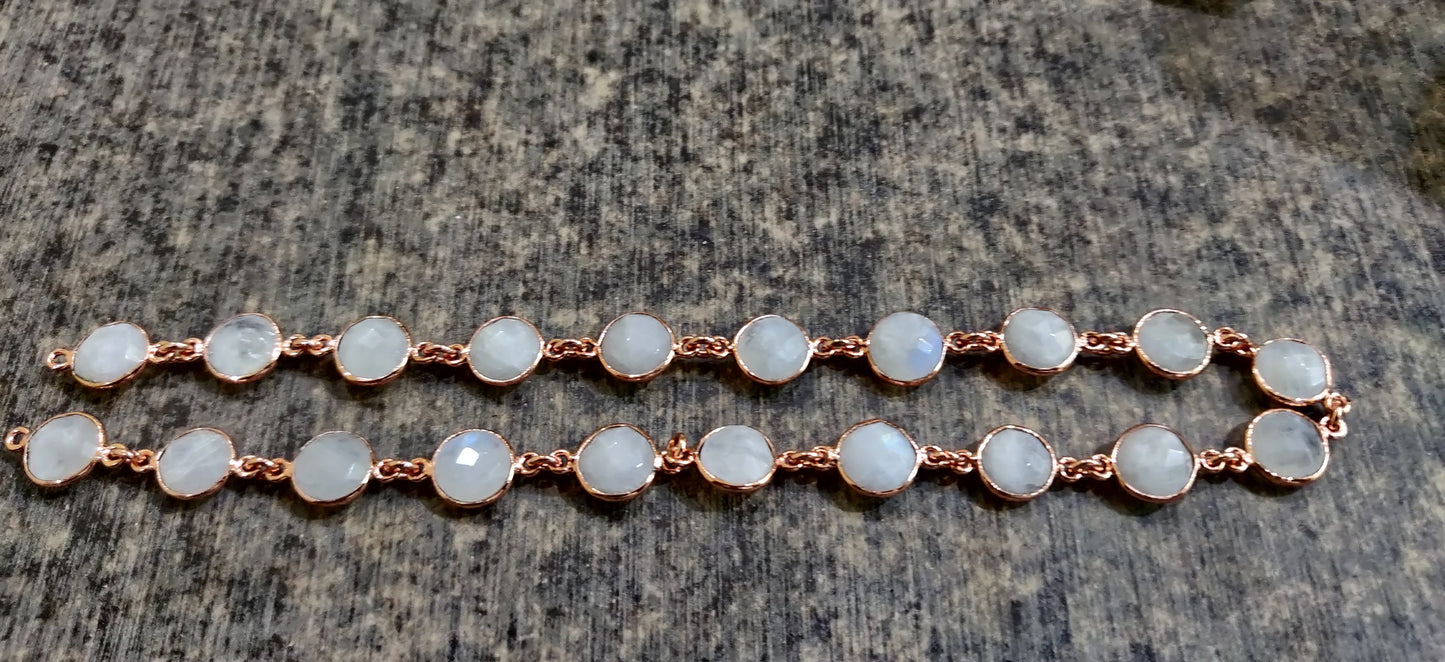 Natural White Rainbow Moonstone Round Coin Shape Briolette Faceted Bezel Connector Chain 9mm Choose the Plating Color Sold per Foot