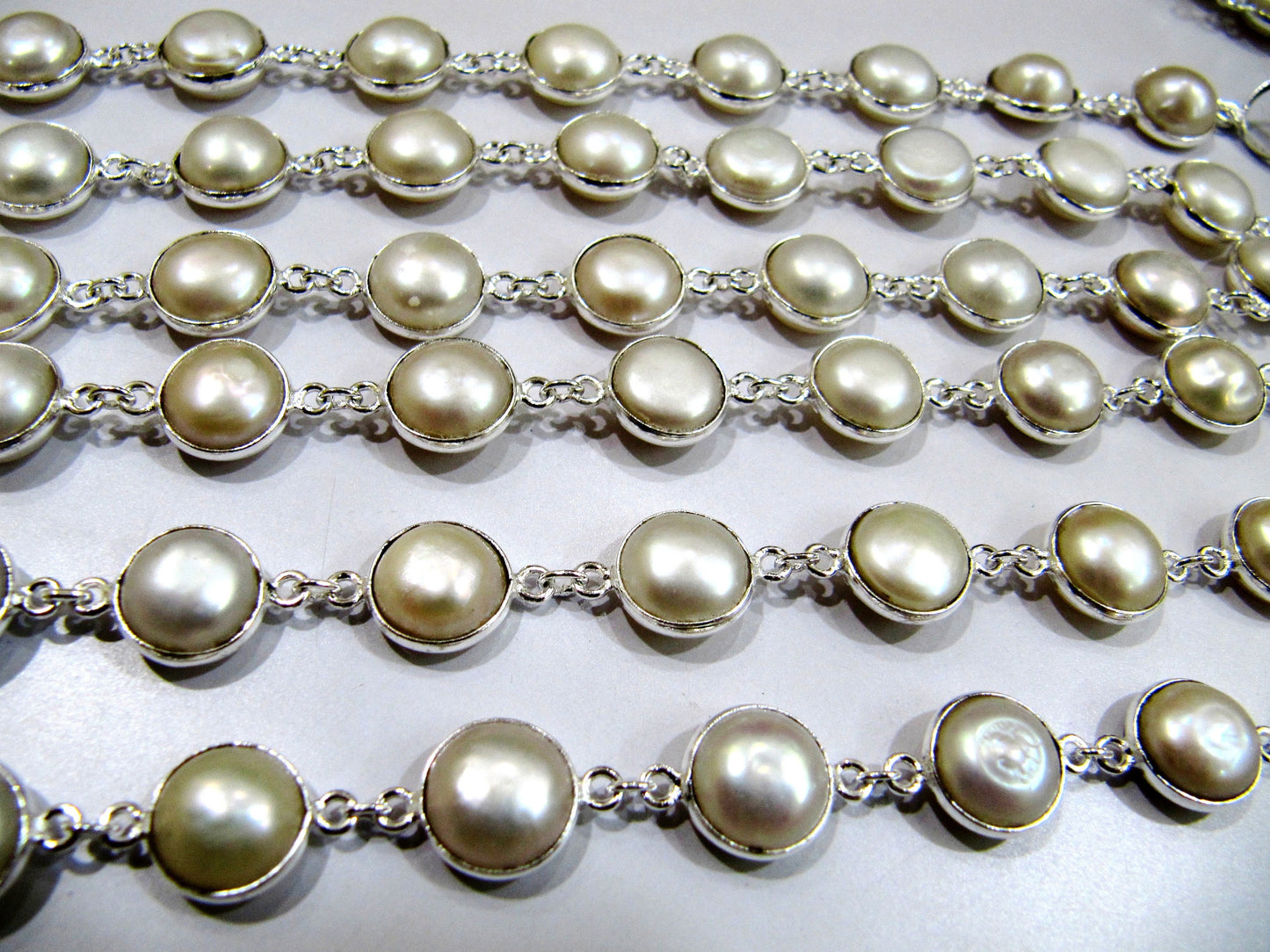 Natural Pearl 10-11mm Round Coin Shape Tiff Bezel Connector Chain Sold Per Foot Wholesale Prices Bezel Handmade chain sold per foot