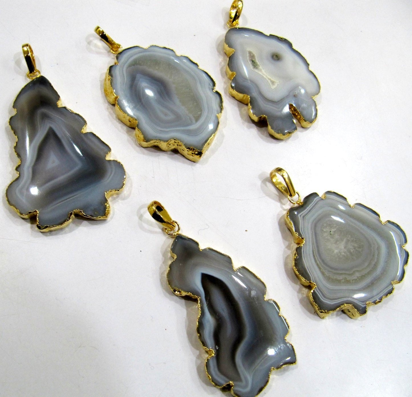 Natural Grey Solar Quartz Geode Agate Slice Pendant Size 40x60mm to 50x70mm 24Kt Gold Electroplated Edges Stalactite Slice